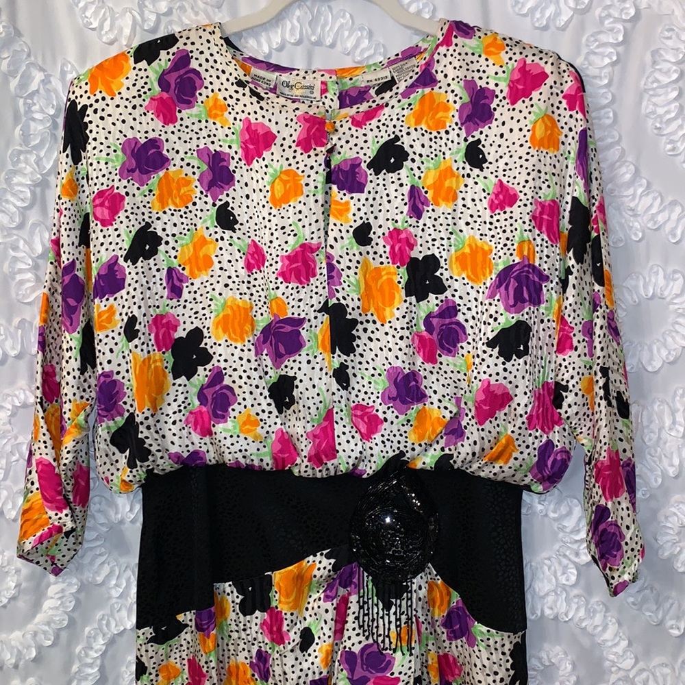 Oleg Cassini Silk Vintage Floral Polka Dot Dress Beaded Embellished Waist 12